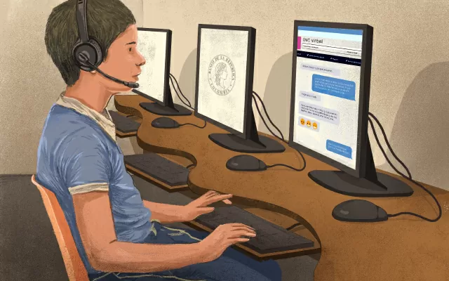 Ilustración joven en los computadores de consulta de la Red de Bibliotecas.