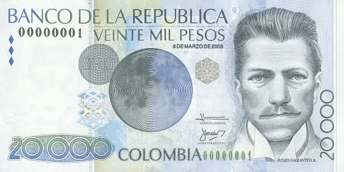 Billete de veinte mil pesos. Anverso Billetes de veinte mil pesos. Banco de la República (1923) / Imprenta de billetes (1959) 2006. Impreso sobre papel
