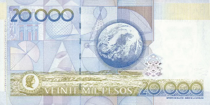 Billete de veinte mil pesos. Reverso Billetes de veinte mil pesos. Banco de la República (1923) / Imprenta de billetes (1959) 2006. Impreso sobre papel