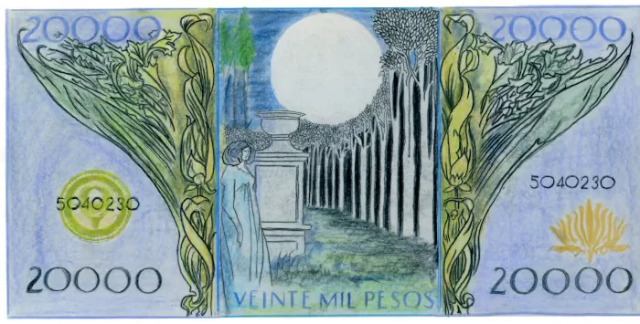 Boceto billete de veinte mil. Reverso Bocetos basados en una versión anterior de la propuesta de Juan Cárdenas para el diseño del billete de veinte mil pesos. American Banknote Company (1858) 1994. Dibujo en papel con lápices y acuarela