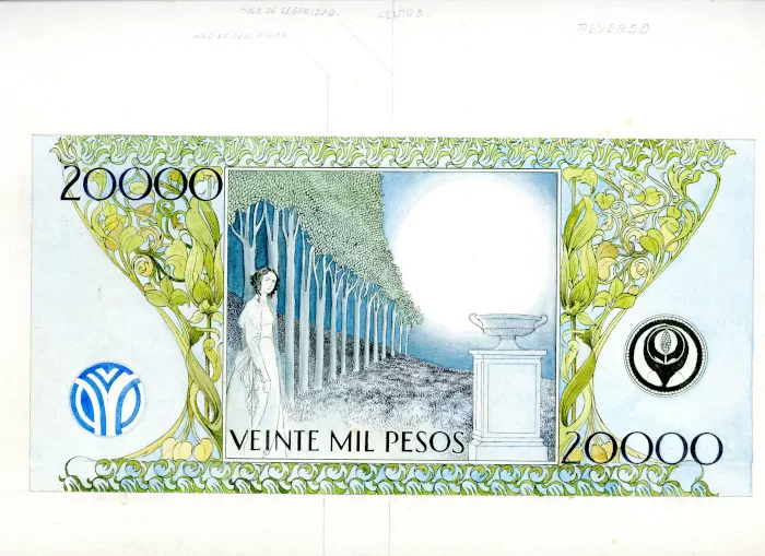 Propuesta de diseño del reverso del billete de veinte mil pesos adoptada para el de cinco mil Propuesta de diseño del reverso del billete de veinte mil pesos adoptada para el de cinco mil. Juan Cárdenas (1939-2024) Ca. 1993. Dibujo y acuarela sobre papel.