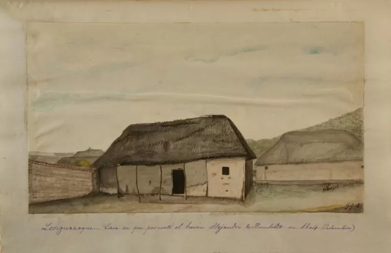 Lenguazaque. Casa en que pernoctó el barón Alejandro de Humboldt en 1804. 1871. José María Gutiérrez de Alba. Acuarela sobre papel blanco. Impresiones de un viaje a América. Tomo VII. Expedición al Norte. Lenguazaque. Casa en que pernoctó el barón Alejandro de Humboldt en 1804. 1871. José María Gutiérrez de Alba. Acuarela sobre papel blanco. Impresiones de un viaje a América. Tomo VII. Expedición al Norte.