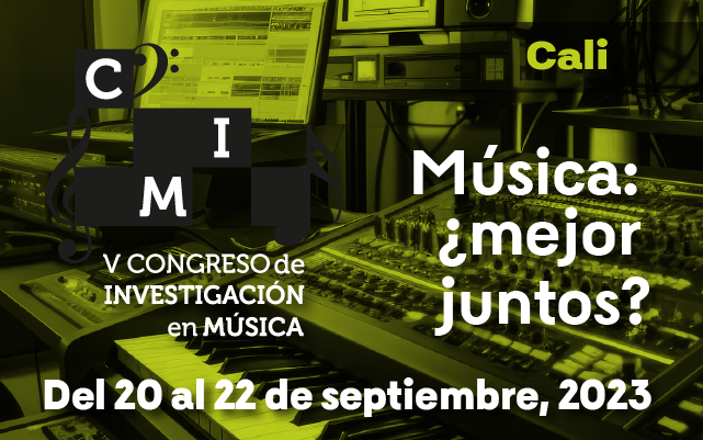 imagen de fondo colores verdes y negros que reflejan una consola de sonido y sobre ellos, el título del congreso en letras blancas 