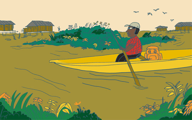 Transportando maleta didáctica en canoa por río