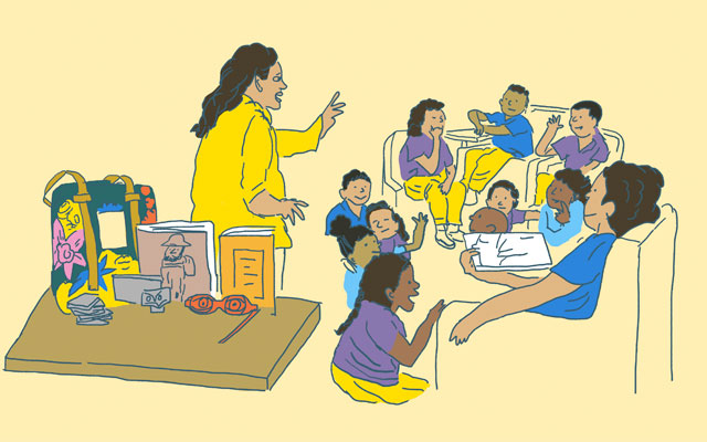 Mediador con maleta didáctica de Arte y grupo de usuarios