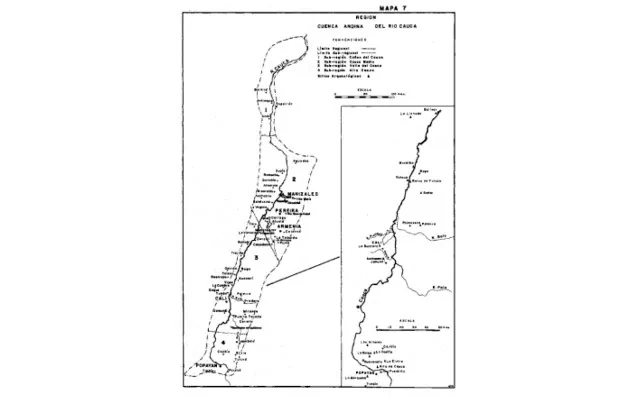 Mapa 7. Región Cuenca Andina del Río Cauca. Subregiones: 1) Cañón del Cauca; 2) Cauca Medio; 3) Valle del Cauca y 4) Alto Cauca.