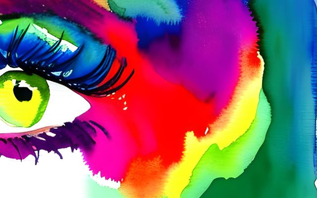 imagen diseñada en canva que muestra una creación de imagen en acuarela, con muchos colores y en la esquina, un ojo representando la mirada 