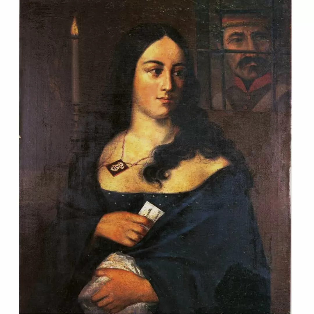 Representación del momento en que Policarpa estuvo recluida en el Colegio Mayor Nuestra Señora del Rosario, antes de ser fusilada. Ca. 1857