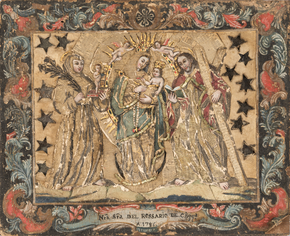 Nuestra señora de Chiquinquirá, anónimo, 1786, pintura y bordado con hilos de plata y oro sobre papel y tela. Museo de Arte Miguel Urrutia - MAMU. AP6220.
