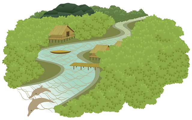 Ilustración de un paisaje con montañas, río y peces