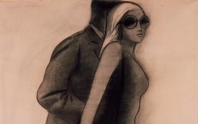 Pintura donde se ve un hombre y una mujer caminando