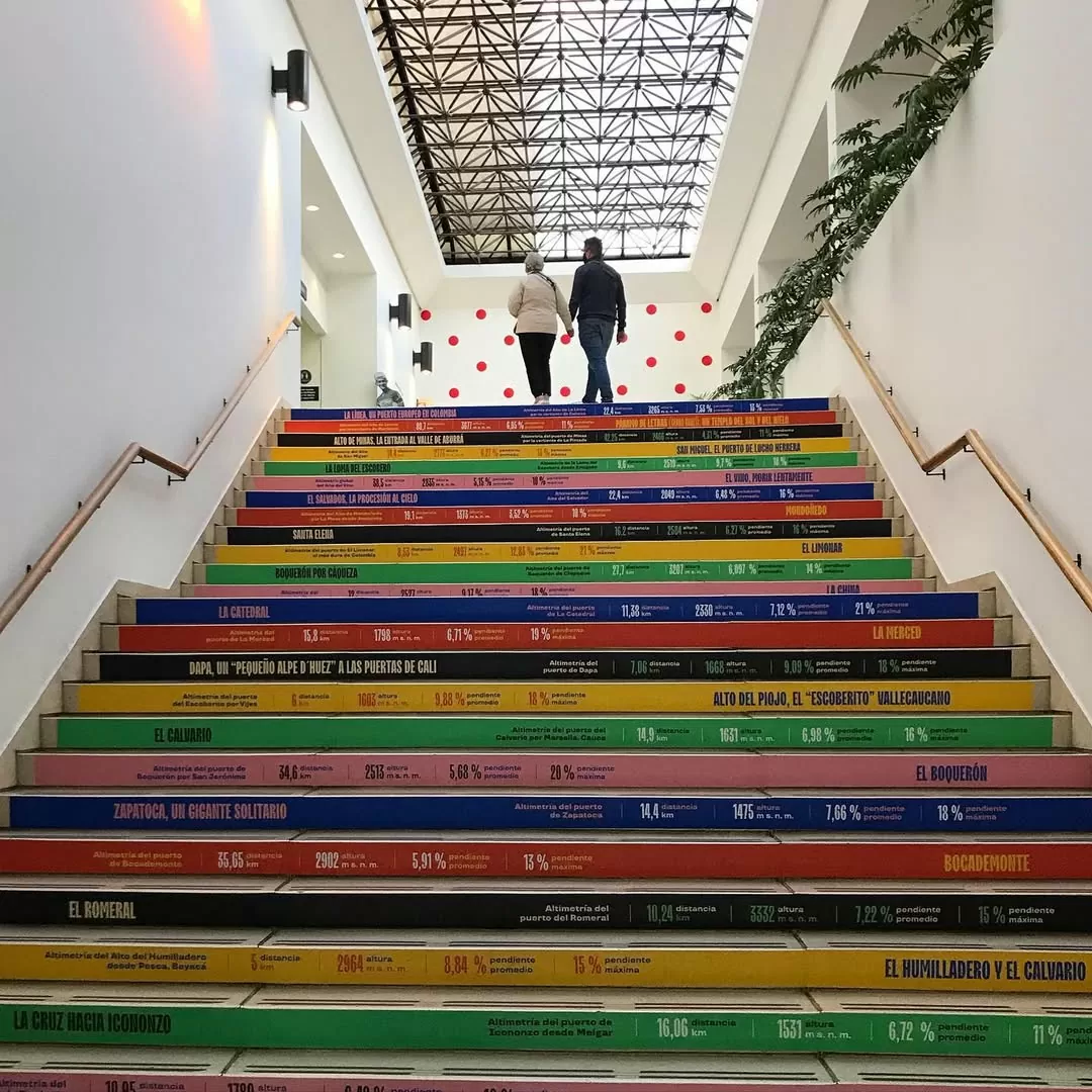 Fotografía con información de puertos ciclísticos en las escaleras de la Biblioteca Luis Ángel Arango