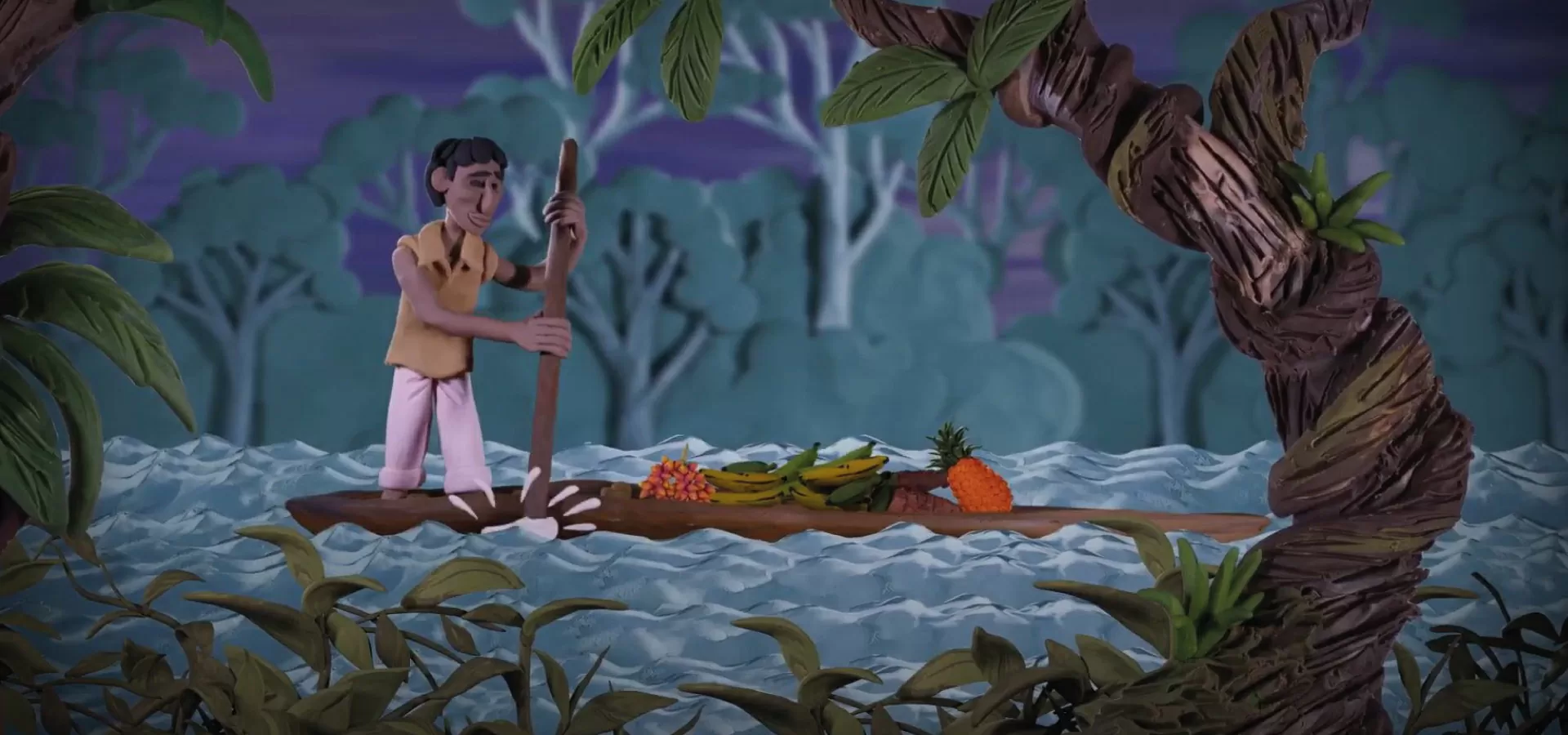 Animación en plastilina de artesanos de la madera construyendo embarcaciones