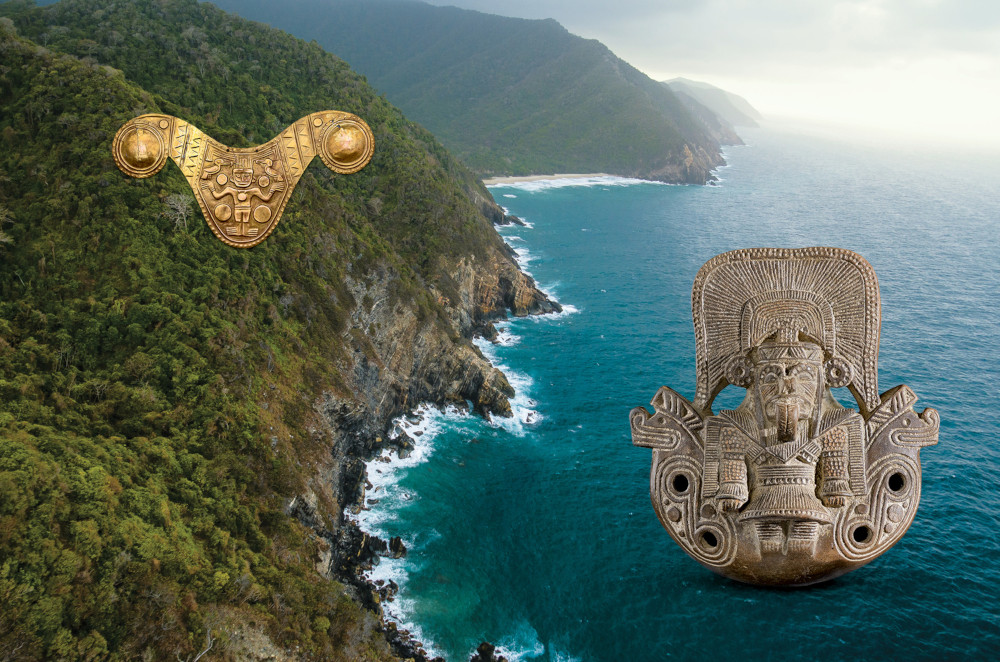 Pectoral y ocarina, individuos poderosos en posiciones centrales, sobre telón de fondo de la costa caribeña, Sierra Nevada de Santa Marta, Colombia