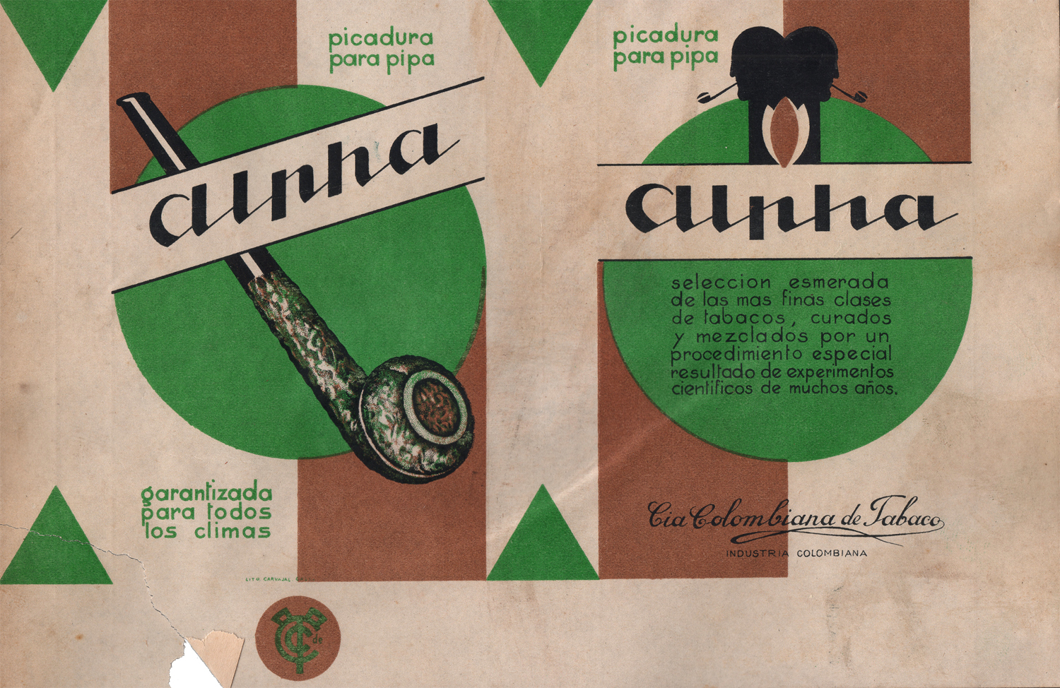 Etiqueta para Cigarrillos Alpha impresa por Carvajal Cia. Diseño: Sin registro. Impresión litográfica 13,8 x 20,9 cm - ca. 1930