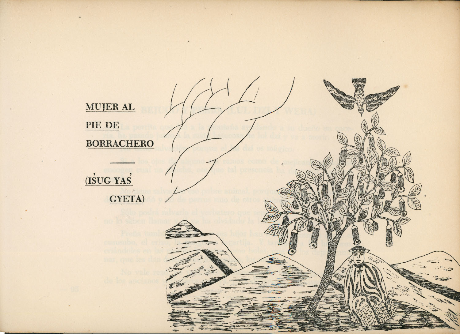 Mujer al pie de borrachero en el libro Namuy Misag - Nuestra gente p.93. Dibujo: Francisco Tumiñá Pillimue. Impresión offset 17,6 x 25,5 cm - 1949