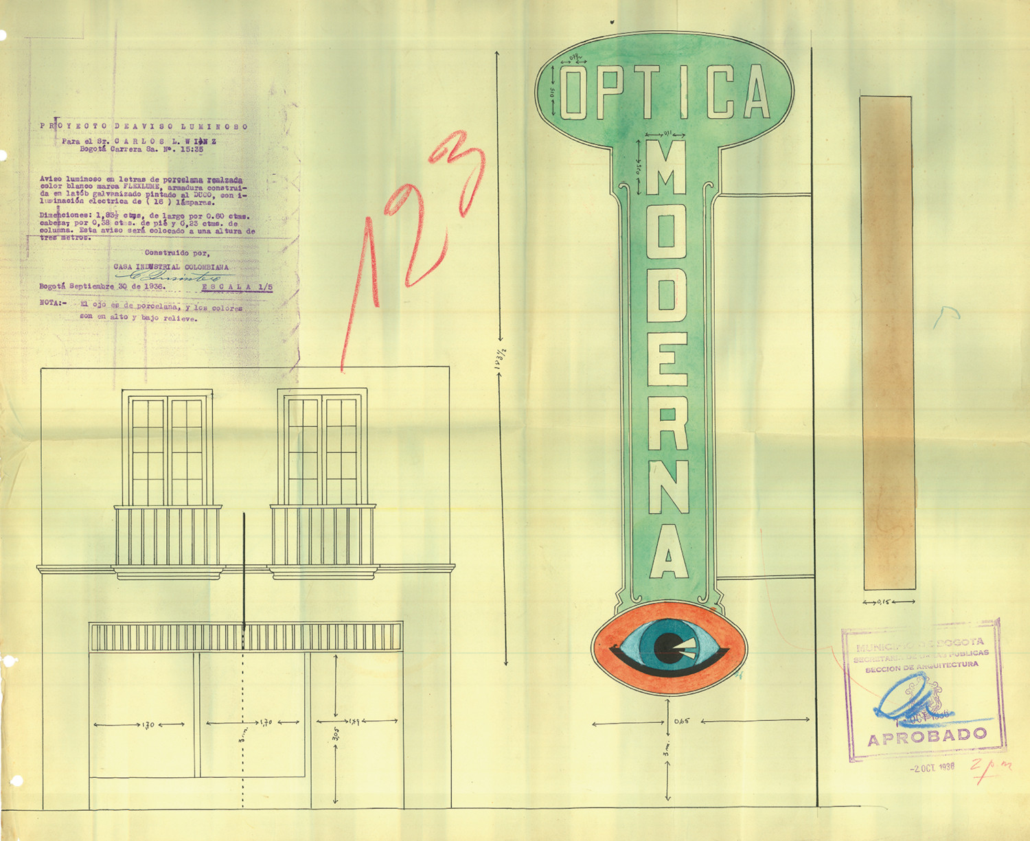 Proyecto de aviso luminoso Óptica moderna. Dibujo: Sin registro (Casa Industrial Colombiana). Tinta y acuarela sobre papel 40 x 60 cm - 1936