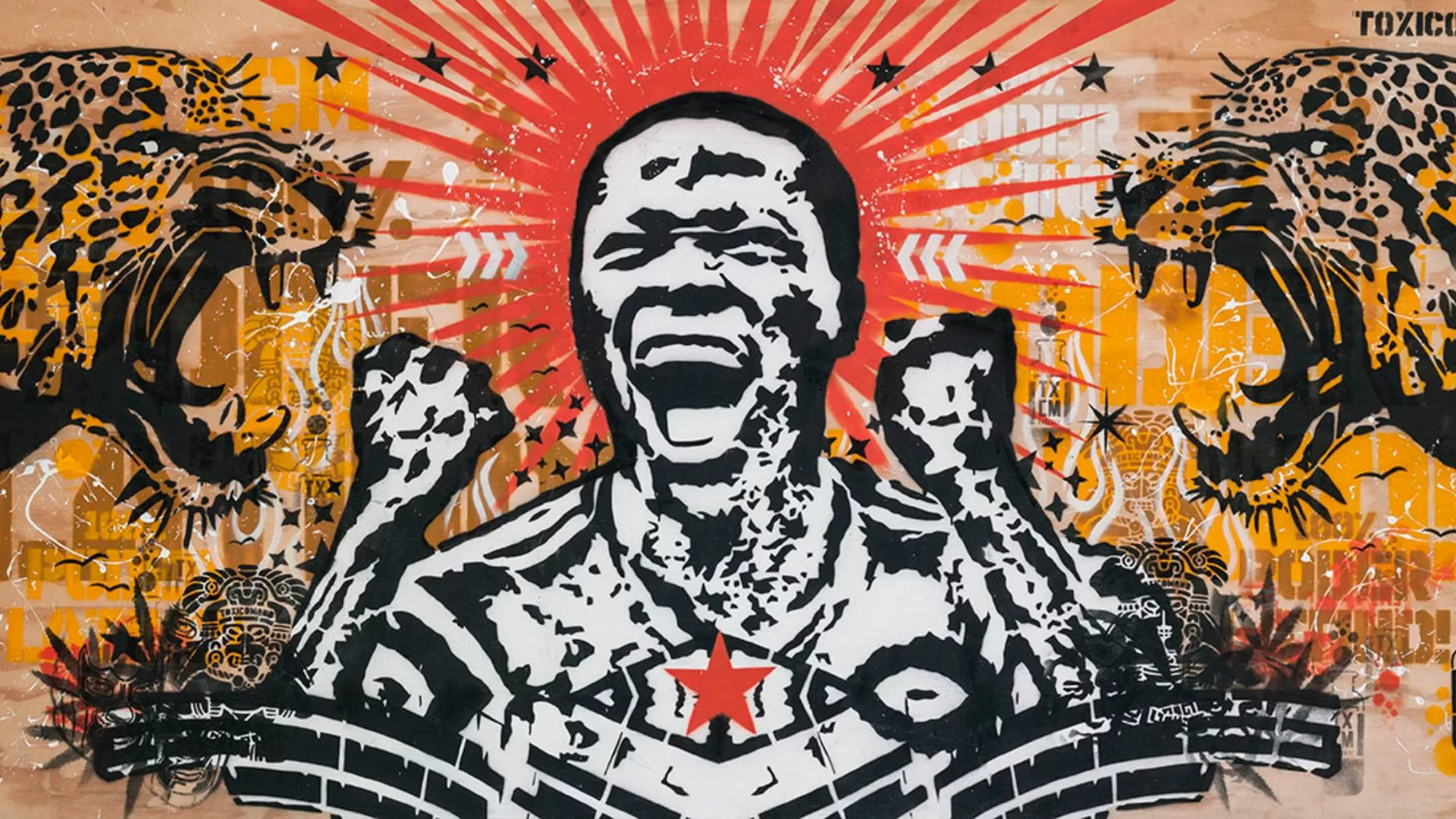 Grafiti donde se ve un hombre al centro con las manos alzadas y un tigre a cada lado