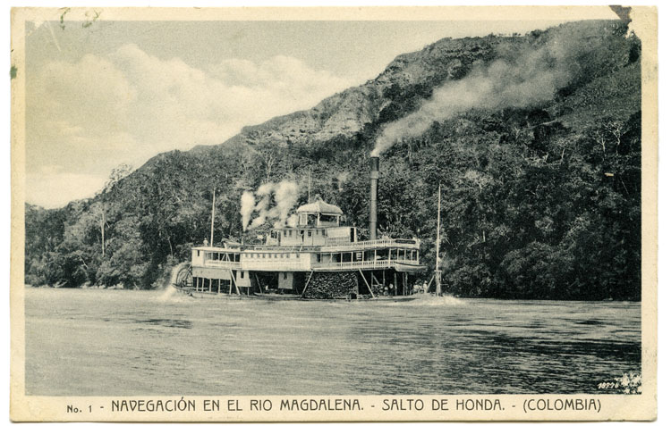 Navegación en el río Magdalena. Salto de Honda Colombia (¿1920?). Álbum de tarjetas postales de la Colección Pilar Moreno. 