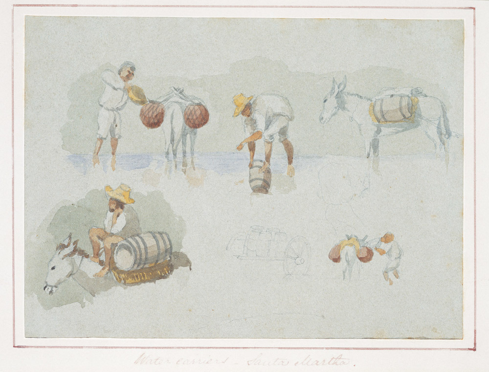 Aguadores de Santa Marta Obra de Edward Walhouse Mark. 1843 -  Acuarela y dibujo, 12,7 x 17,3 cm