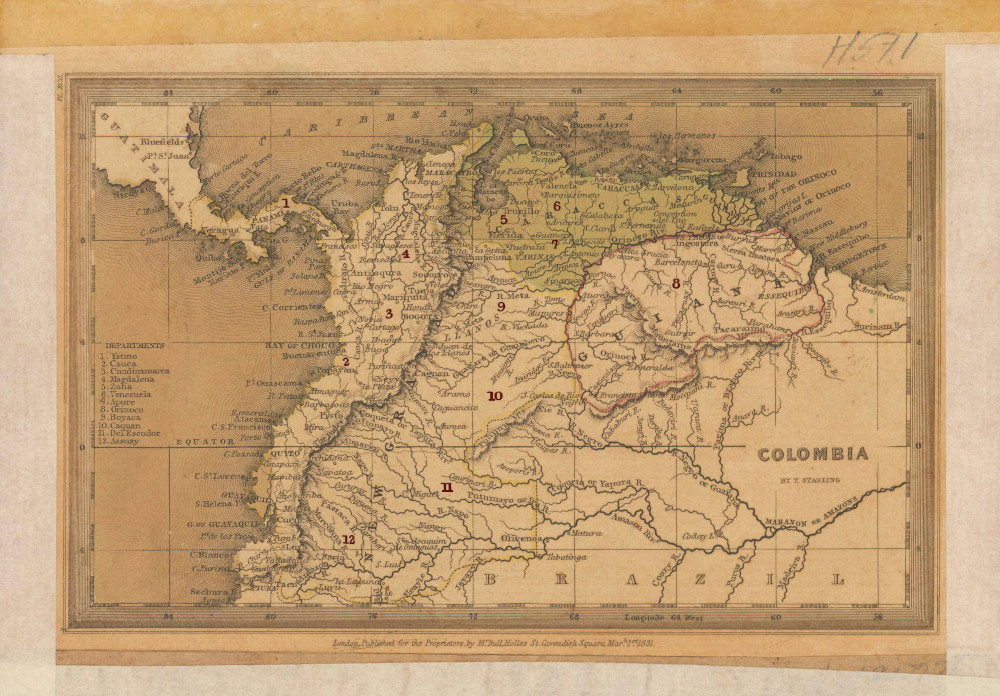 Mapa de la Colombia, que muestra la división por departamentos. Trazado por Tomás Starling en 1831  