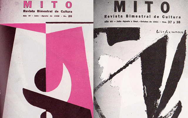 Revista Mito No. 20 y 37-38, diseño de carátula por los artistas: Eduardo Ramírez Villamizar y Guillermo Wiedemann, respectivamente. 
