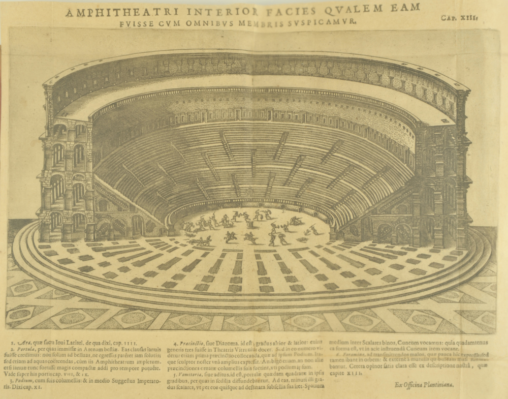 De amphitheatro liber (Libro del anfiteatro romano). Justo Lipsio (1547-1606). Amberes: Juan Moreto, 1585 Número topográfico: 722.7 L46i 