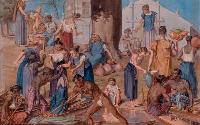 Acuarela Orillas del Magdalena. Mercado en Mompox, François Désiré Roulin. Colección de Arte del Banco de la República