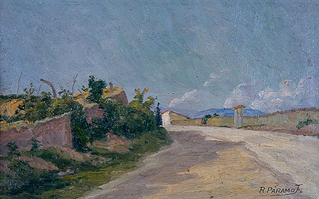 Paisaje sabanero. Roberto Tirado - Pintura - Óleo sobre madera - 8,2 x 13,2 cm.