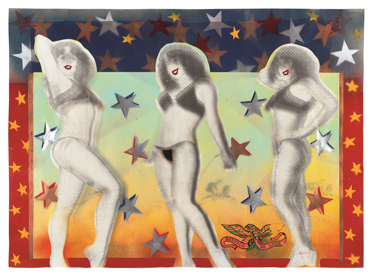 Servicio de lujo, 1987. Collage que asocia fotografía y pintura. 69,5 × 95 cm.