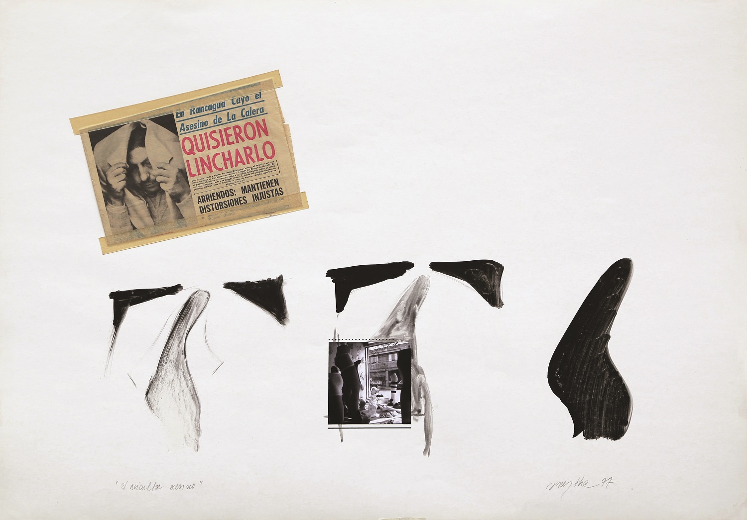 El avicultor asesino (quisieron lincharlo), 1977. Técnica mixta (dibujo y recorte de periódico). 77 × 109,5 cm.