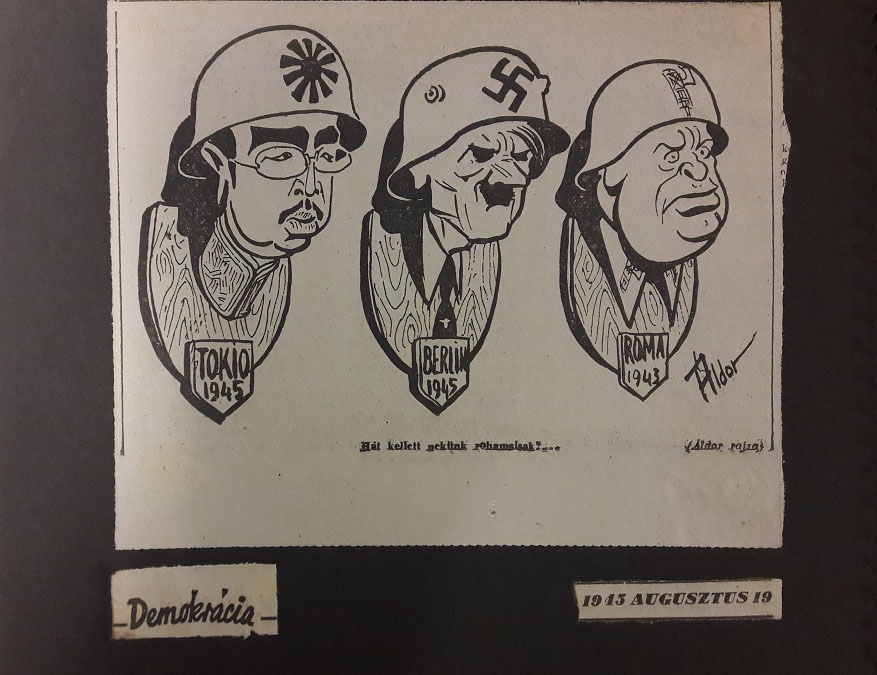 Caricatura “Hat kellett netlink rohan sisak?”, publicada en Demokracia, que muestra las cabezas de líderes de Italia, Alemania y Japón como si estuvieran cazados. Budapest, 19 de agosto de 1945