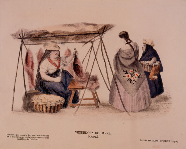 Vendedor de carnes en Bogotá obra de Ramón Torres Méndez. 1910 - Grabado, Litografía iluminada