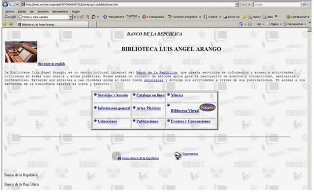 Página principal de la Biblioteca Virtual del Banco de la República en 1997