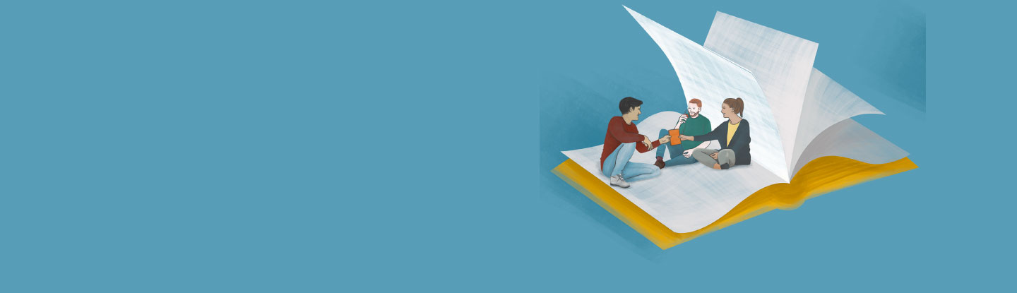 Ilustración jóvenes leyendo.