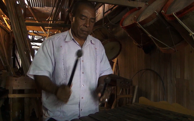 Interprete de la marimba, tocando este instrumento en la sala de practicas musicales del Centro Cultural de Buenaventura