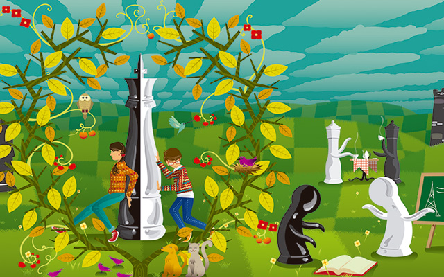 Ilustración de personas jugando y leyendo en un jardín